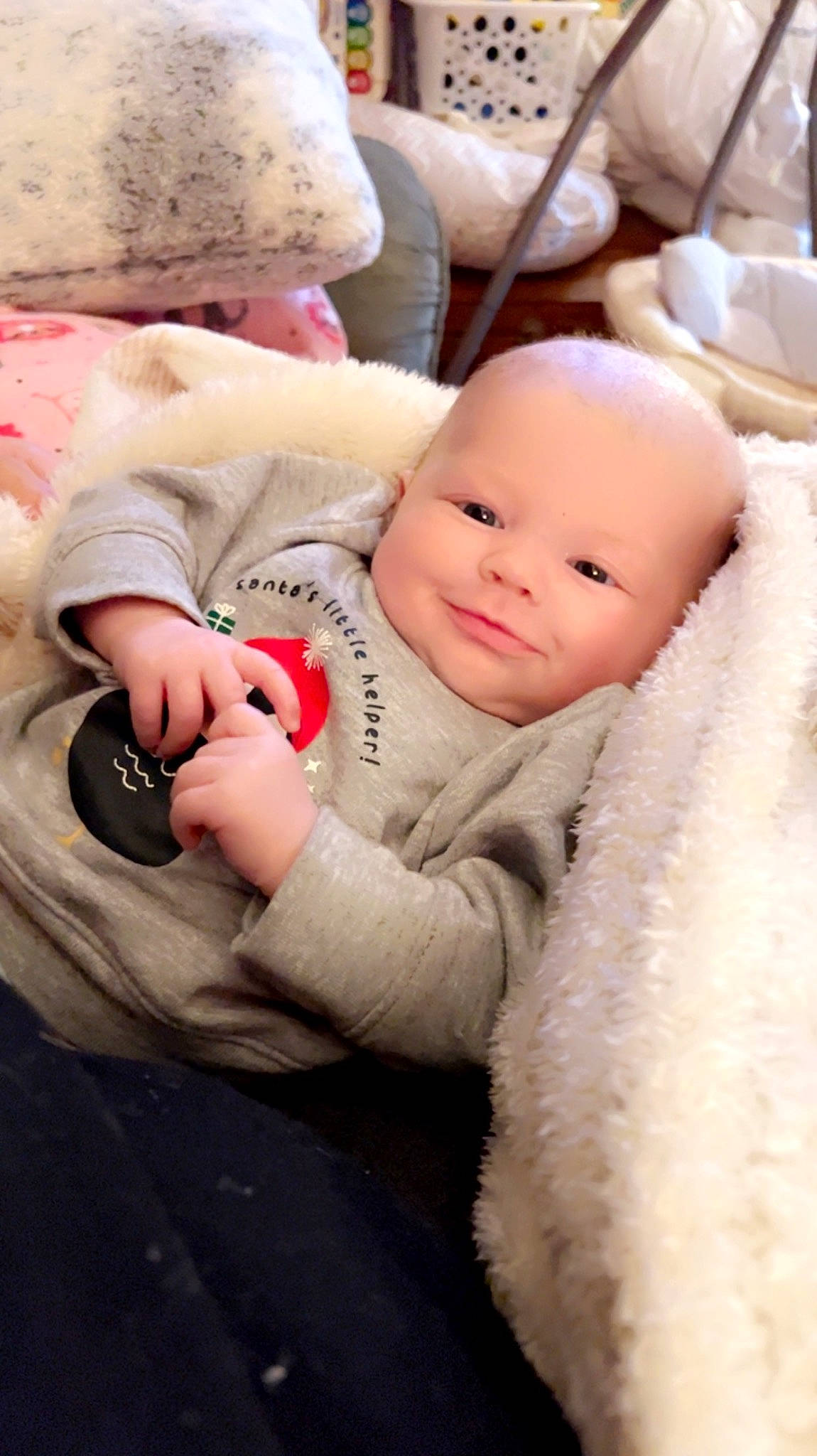 Norah joined the competition — help win amazing prizes! baby, baby_toddler_clothing, cheek, child, comfort, eye, fur, happy, head, linens, mammal, nose, person, pink, sitting, skin, sleeve, smile, textile, toddler