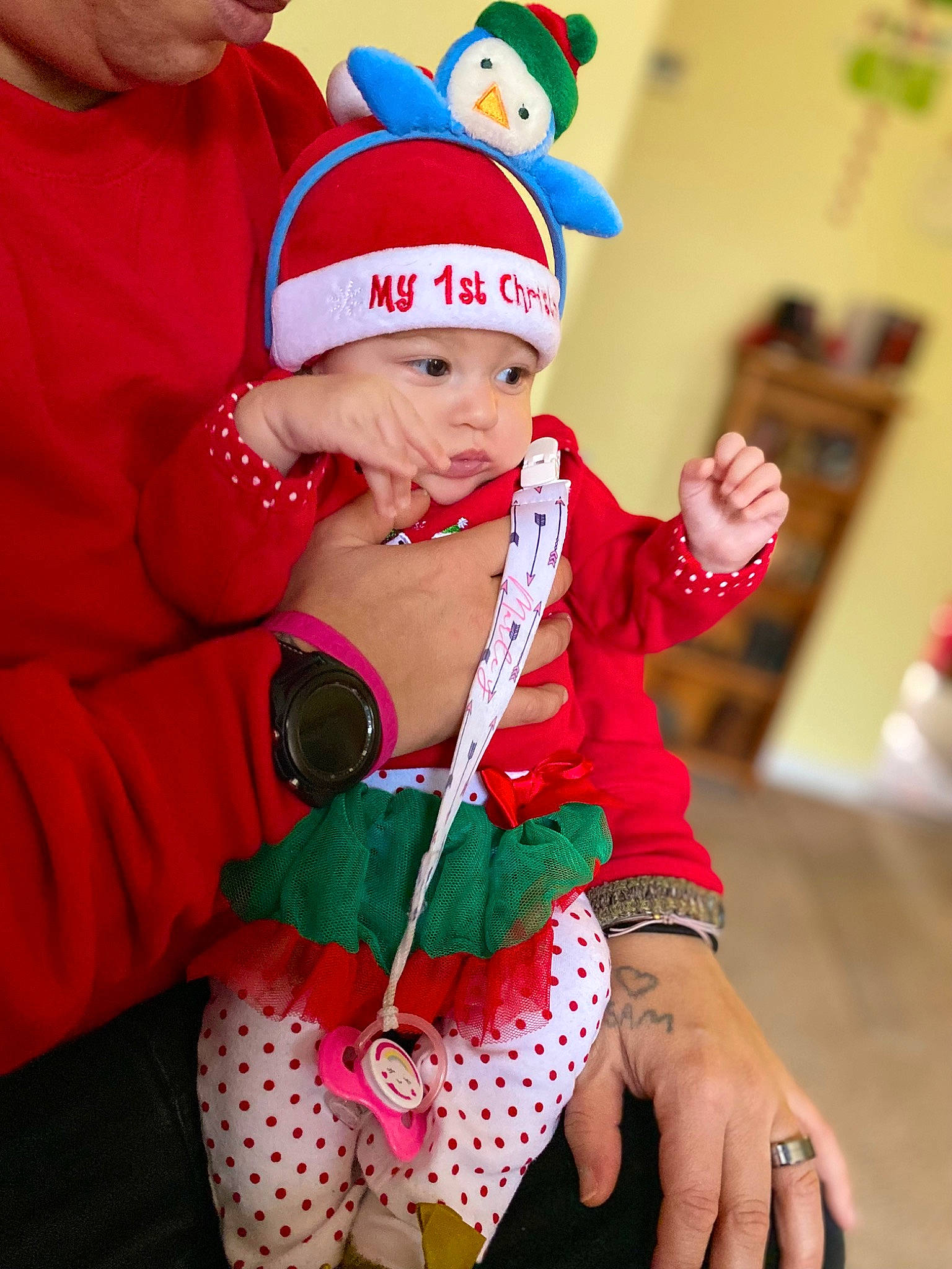 Marley Evelyn joined the competition — help win amazing prizes! baby, baby_toddler_clothing, baseball_cap, cap, clothing, costume_hat, event, fictional_character, hand, happy, headwear, holiday, human_leg, lap, pattern, person, pink, red, sleeve, sock