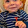 Tony joined the competition — help win amazing prizes! baby, child, striped_clothing, blue_onesie, red_lobster_emblem, blanket, fluffy_blanket, smiling, happy, face, eyes, hand, infant, cute, portrait, cozy, indoor, young_child, sitting, looking_up
