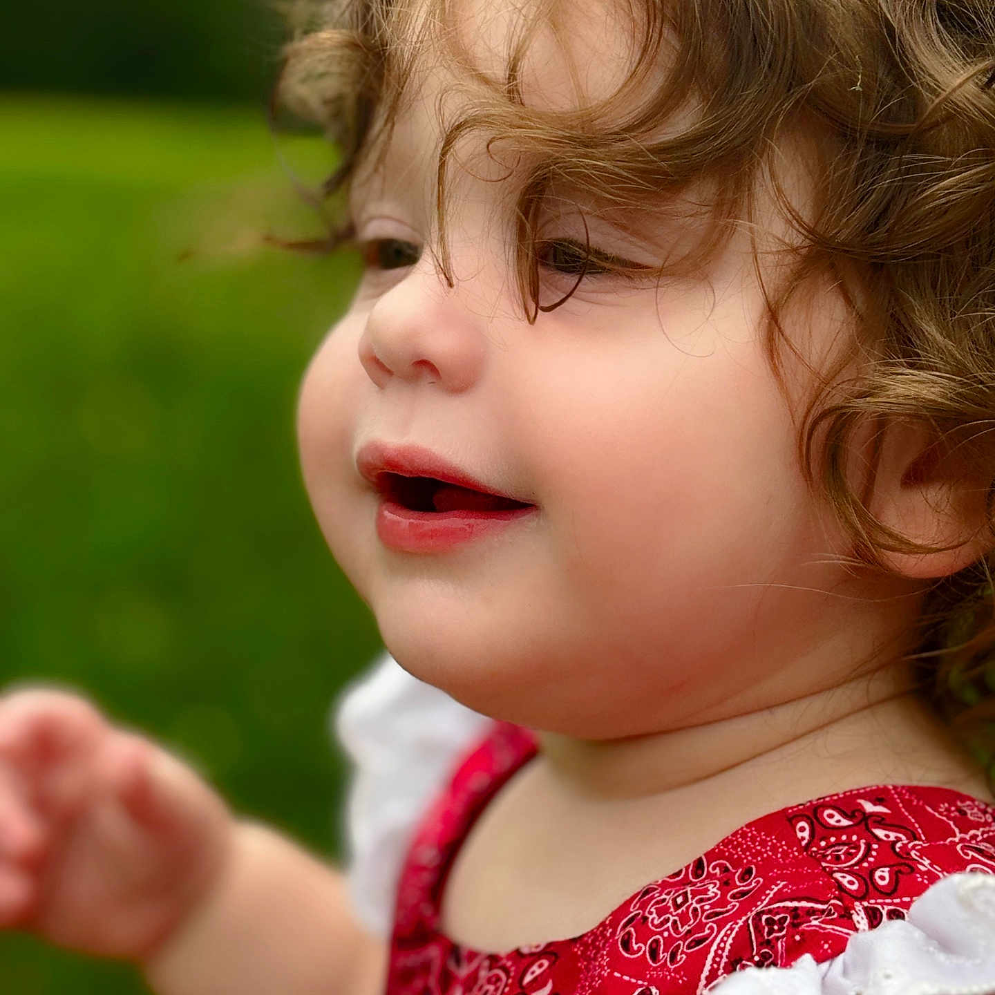 Gabby is registered to the contest to win money with this photo: bodypart, child, clothing, cosmetics, dress, face, female, finger, girl, grass, hand, happy, head, lawn, lipstick, mouth, person, photography, plant, portrait