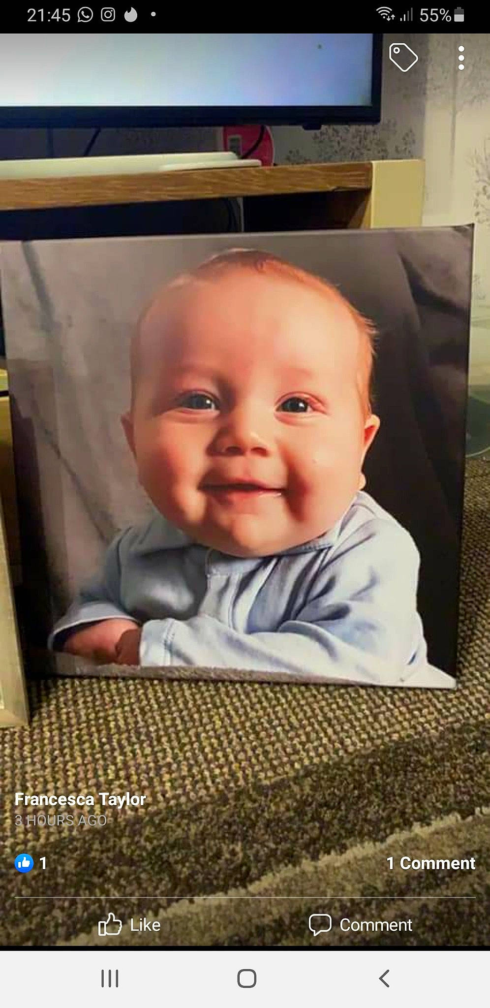 Alistair is registered to the contest to win money with this photo: baby, baby_toddler_clothing, beauty, cheek, child, comfort, electronic_device, flooring, fun, happy, iris, nose, person, photograph, rectangle, room, skin, smile, snapshot, toddler