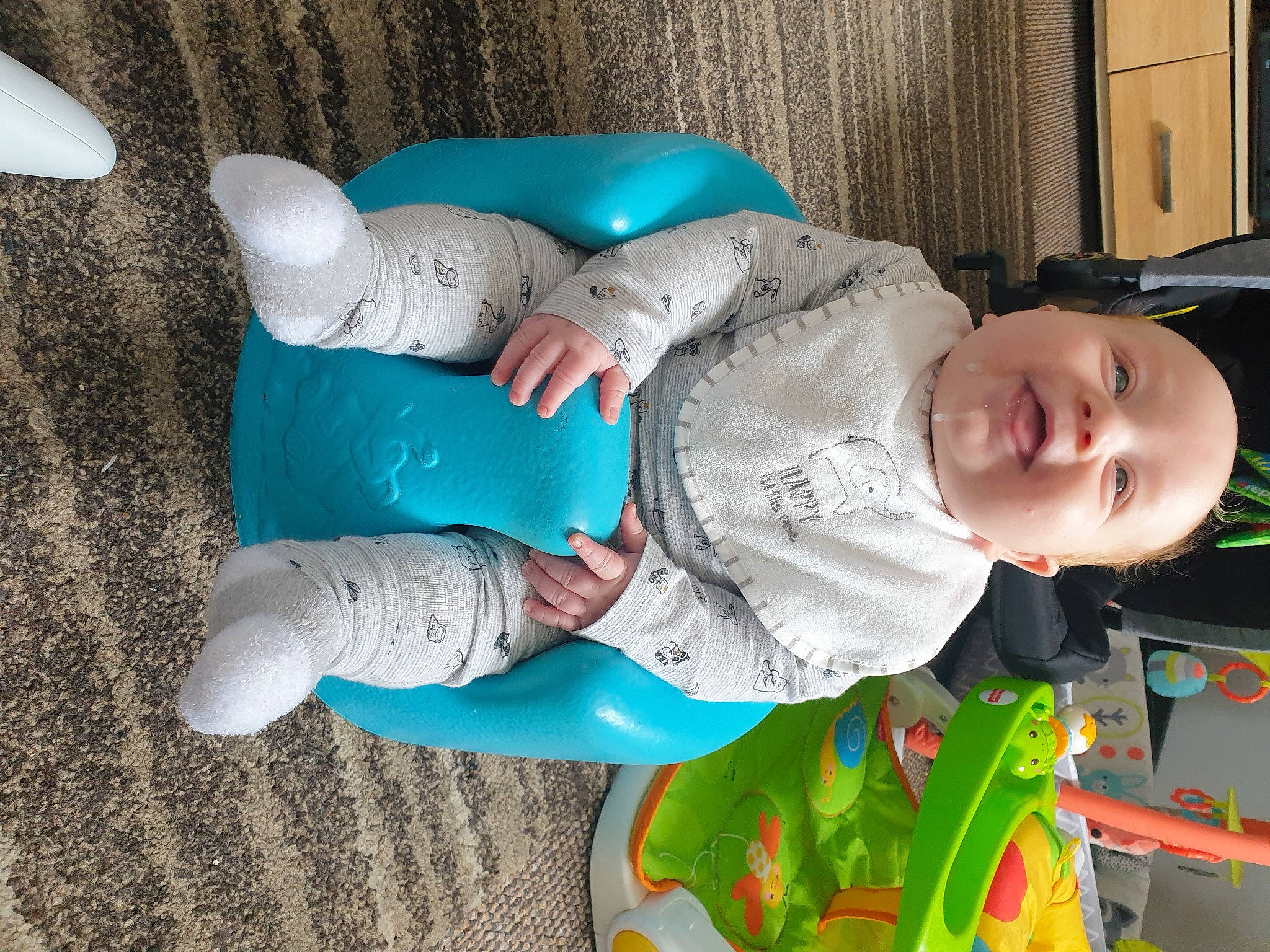 Alistair joined the competition — help win amazing prizes! baby, baby_products, baby_toddler_clothing, cheek, child, comfort, eye, fun, head, joint, knee, lap, linens, mammal, mouth, person, sitting, sock, textile, toddler
