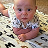 alphabet, baby, blanket, carpet, child, clothing, curious, cute, expression, eyes, face, indoors, infant, letters, lying_down, person, portrait, short_sleeves, skin, toddler