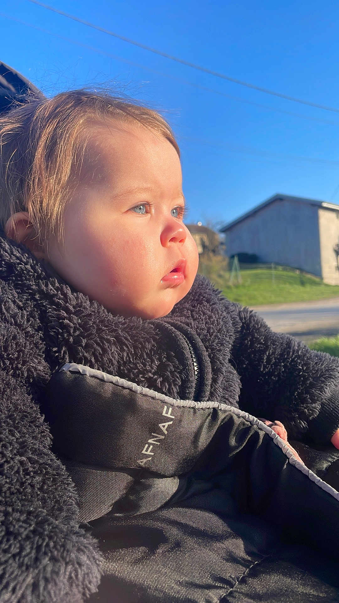 Lou a rejoint le concours — aidez-le/la à gagner de superbes lots ! child, toddler, baby, face, cheeks, blue_eyes, profile, side_view, sunlight, outdoors, blue_sky, house, building, stroller, jacket, fleece, winter_clothing, portrait, closeup, peaceful