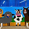 baby, child, face_cutout, farm_animals, duck, sheep, cow, horse, blue_background, indoor, playful, cute, smiling, curious, colorful, board, floor, standing, group, event