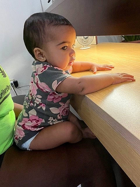 Aubrey joined the competition — help win amazing prizes! baby, baby_toddler_clothing, child, desk, finger, fun, happy, human_leg, joint, knee, nail, netbook, office_equipment, person, shoulder, sleeve, standing, table, thigh, thumb