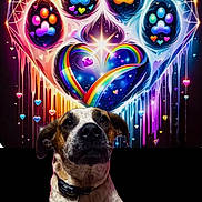 Dot is registered to the contest to win money with this photo: dog, animal, paw_print, rainbow, heart, colorful, artwork, digital_art, glowing, dripping_paint, sparkle, collar, pet, portrait, cute, black_background, vibrant, fantasy, cosmic, playful