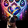 dog, animal, paw_print, rainbow, heart, colorful, artwork, digital_art, glowing, dripping_paint, sparkle, collar, pet, portrait, cute, black_background, vibrant, fantasy, cosmic, playful