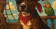 Alpha participe au concours pour gagner de l'argent avec cette photo : dog, pirate, eyepatch, bandana, hat, parrot, ship, deck, wooden, ocean, sky, clouds, illustration, cartoon, animal, costume, pet, cute, colorful, seagulls