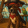 dog, pirate, eyepatch, bandana, hat, parrot, ship, deck, wooden, ocean, sky, clouds, illustration, cartoon, animal, costume, pet, cute, colorful, seagulls