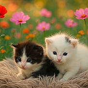 Domino And Pixie is registered to the contest to win money with this photo: kitten, cat, animal, pet, feline, fluffy, cute, young, wildflowers, nature, outdoor, grass, colorful, pink_flower, orange_flower, greenery, soft_light, closeup, fur, resting