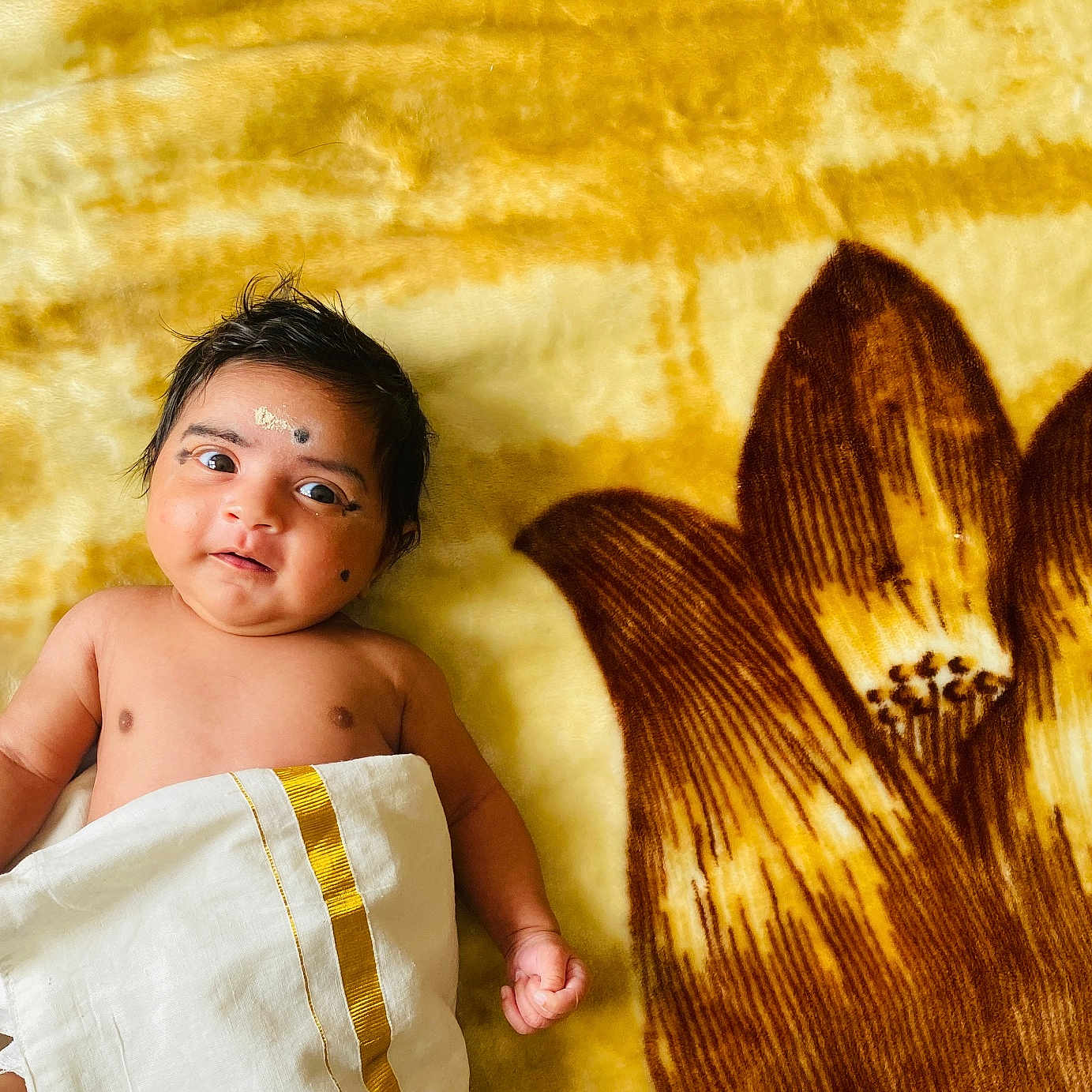 Nainika joined the competition — help win amazing prizes! baby, blanket, brown, child, cloth, curly_hair, cute, expression, face, floral_pattern, indoors, infant, lying_down, newborn, portrait, skin, small_hand, soft_texture, wrapped, yellow
