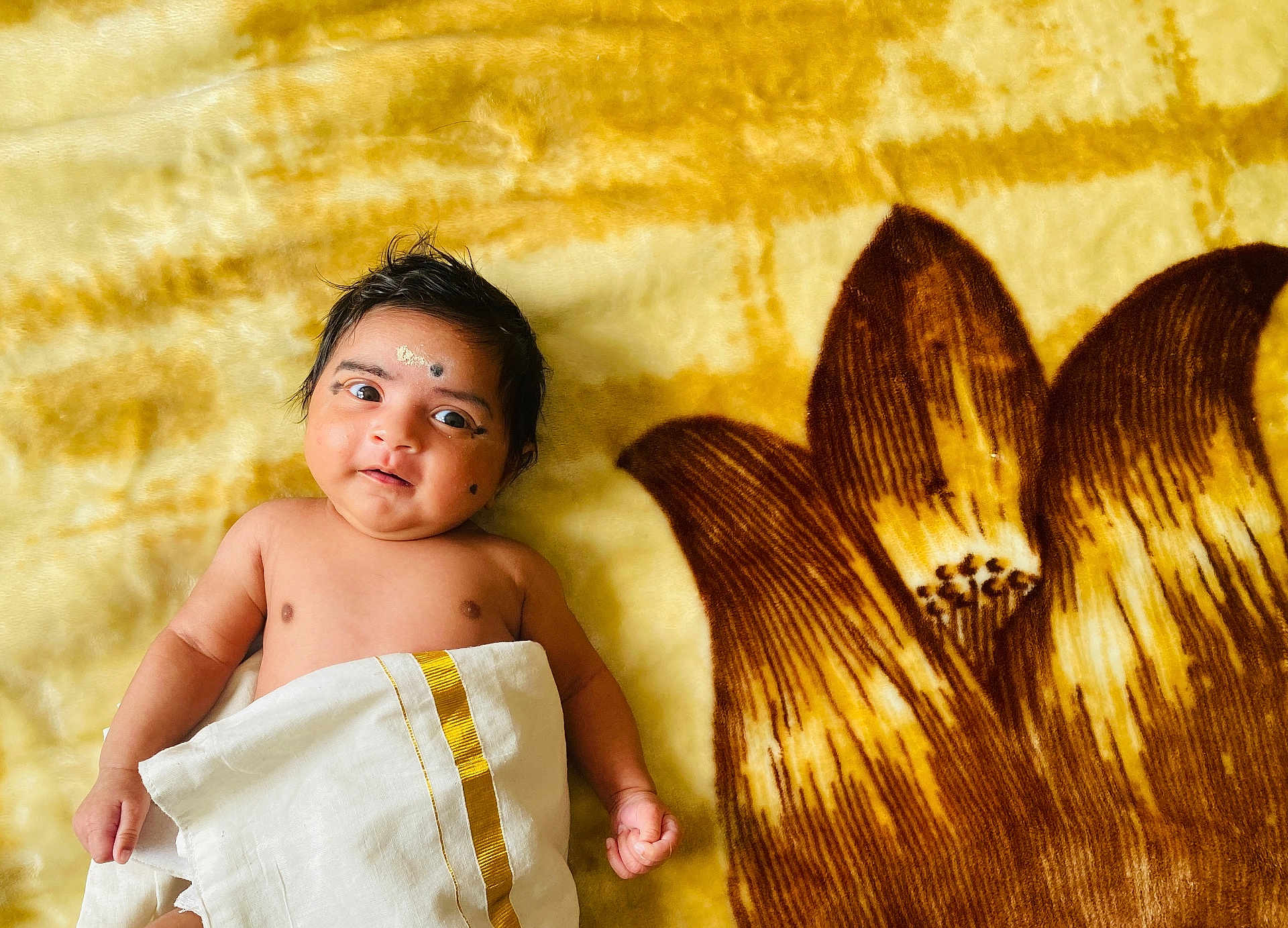 Nainika joined the competition — help win amazing prizes! baby, infant, child, blanket, floral_pattern, yellow, brown, cloth, wrapped, lying_down, cute, portrait, skin, face, expression, indoors, soft_texture, newborn, small_hand, curly_hair