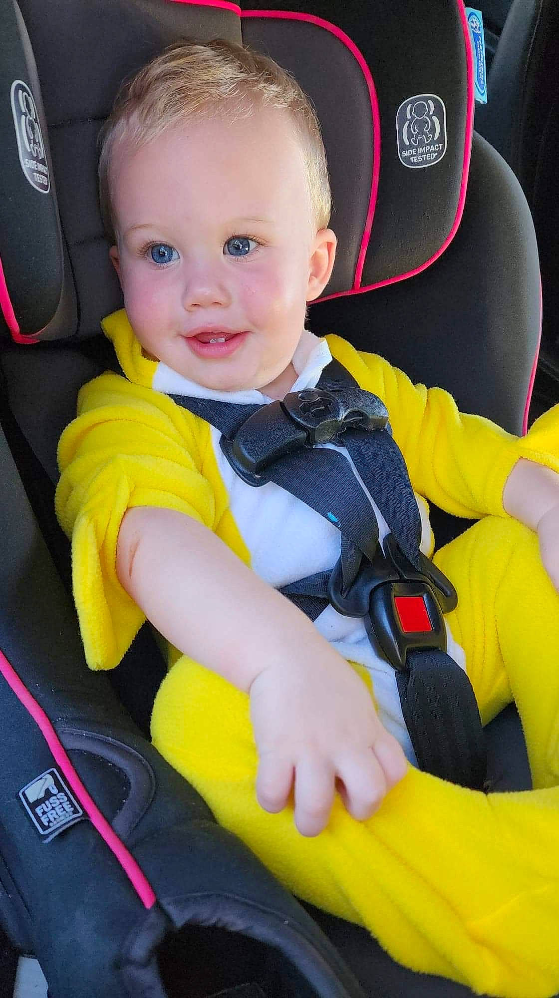 Landon is registered to the contest to win money with this photo: auto_part, automotive_design, baby, baby_carriage, baby_in_car_seat, baby_safety, baby_toddler_clothing, car_seat, child, comfort, eye, facial_expression, fun, happy, head, person, seat_belt, skin, smile, toddler