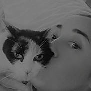 Raven a rejoint le concours — aidez-le/la à gagner de superbes lots ! black_and_white, cat, person, kiss, affection, close_up, indoor, blanket, face, pet, animal, comfort, love, portrait, feline, human, necklace, relaxation, whiskers, expression