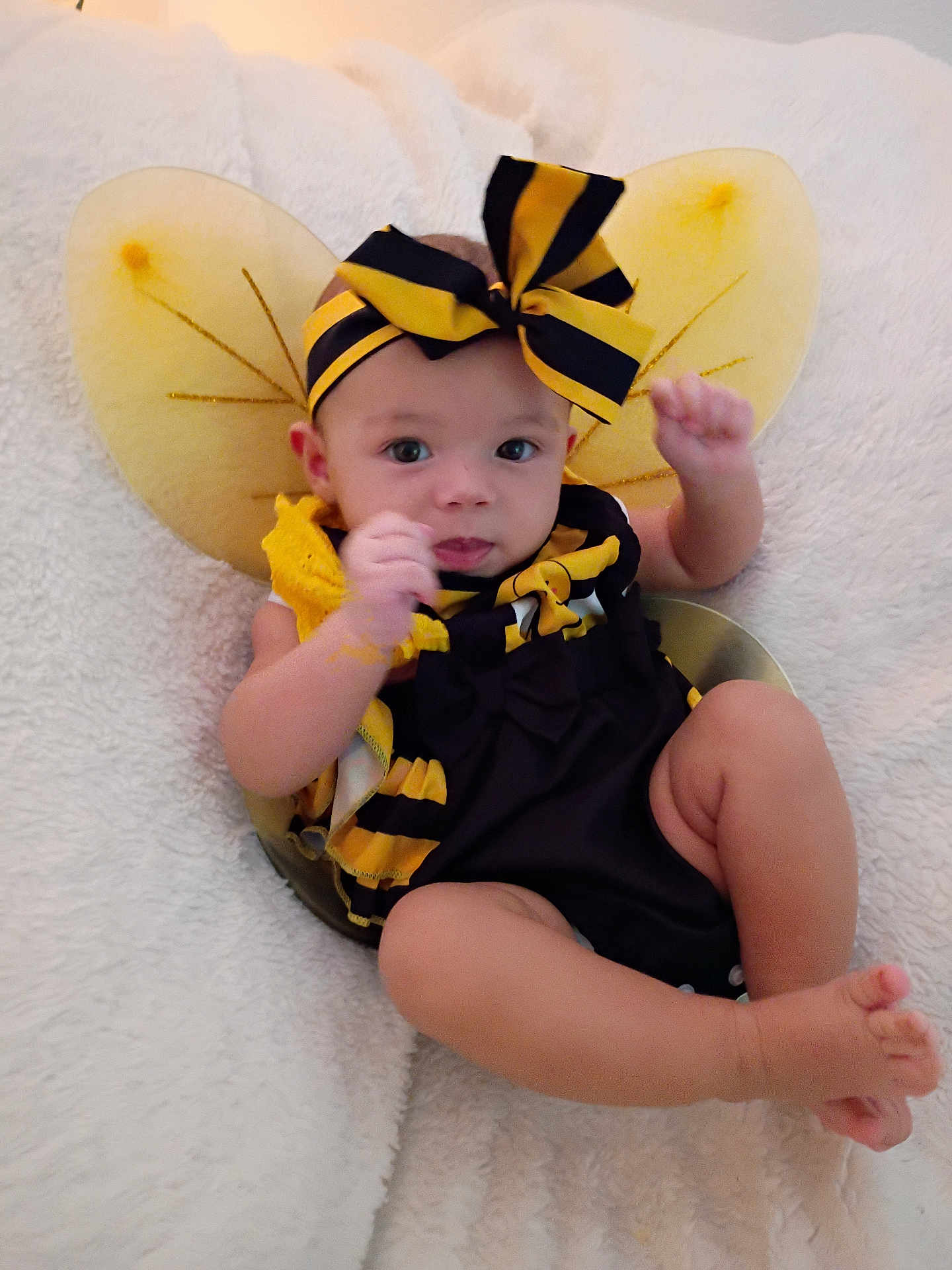 Aaliyah joined the competition — help win amazing prizes! baby, infant, costume, bee, wings, headband, bow, black_and_yellow, legs, arms, blanket, soft, cute, child, portrait, indoors, clothing, person, lying_down, skin