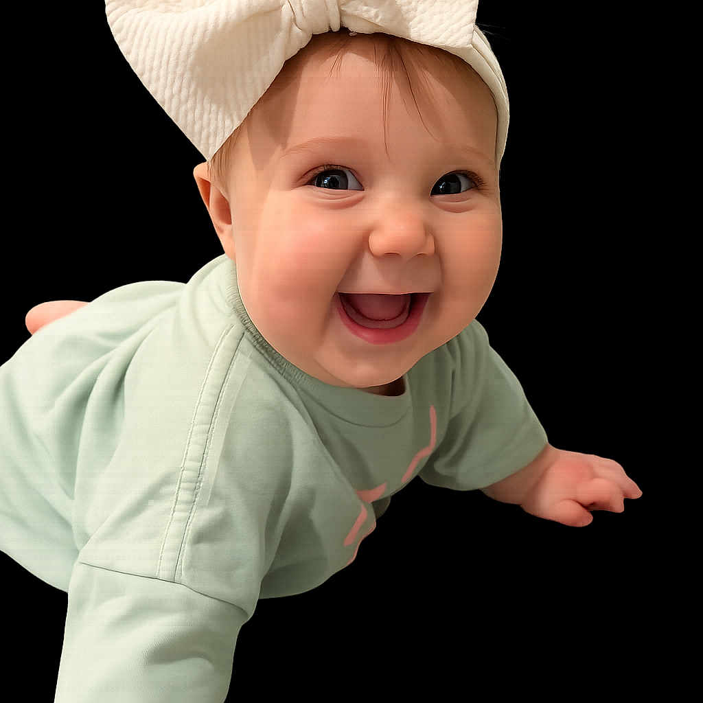 Sadi is registered to the contest to win money with this photo: baby, child, smile, bow, headband, crawling, green_clothing, cute, happy, face, infant, portrait, young_child, expression, hands, eyes, background_black, clothing, person, indoors