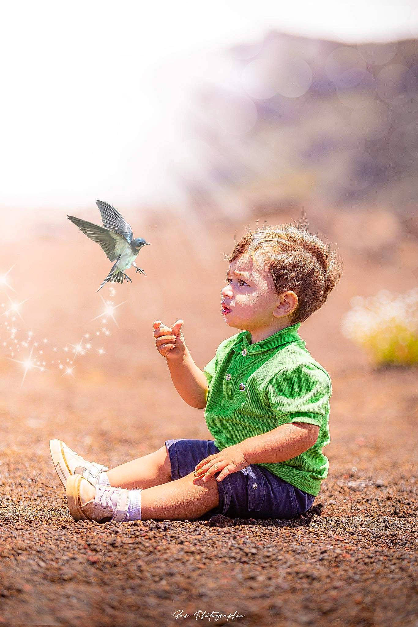 Marwan a rejoint le concours — aidez-le/la à gagner de superbes lots ! beak, bird, child, feather, flash_photography, foot, fun, grass, happy, landscape, leisure, people_in_nature, person, sand, sandal, sitting, soil, summer, t_shirt, toddler