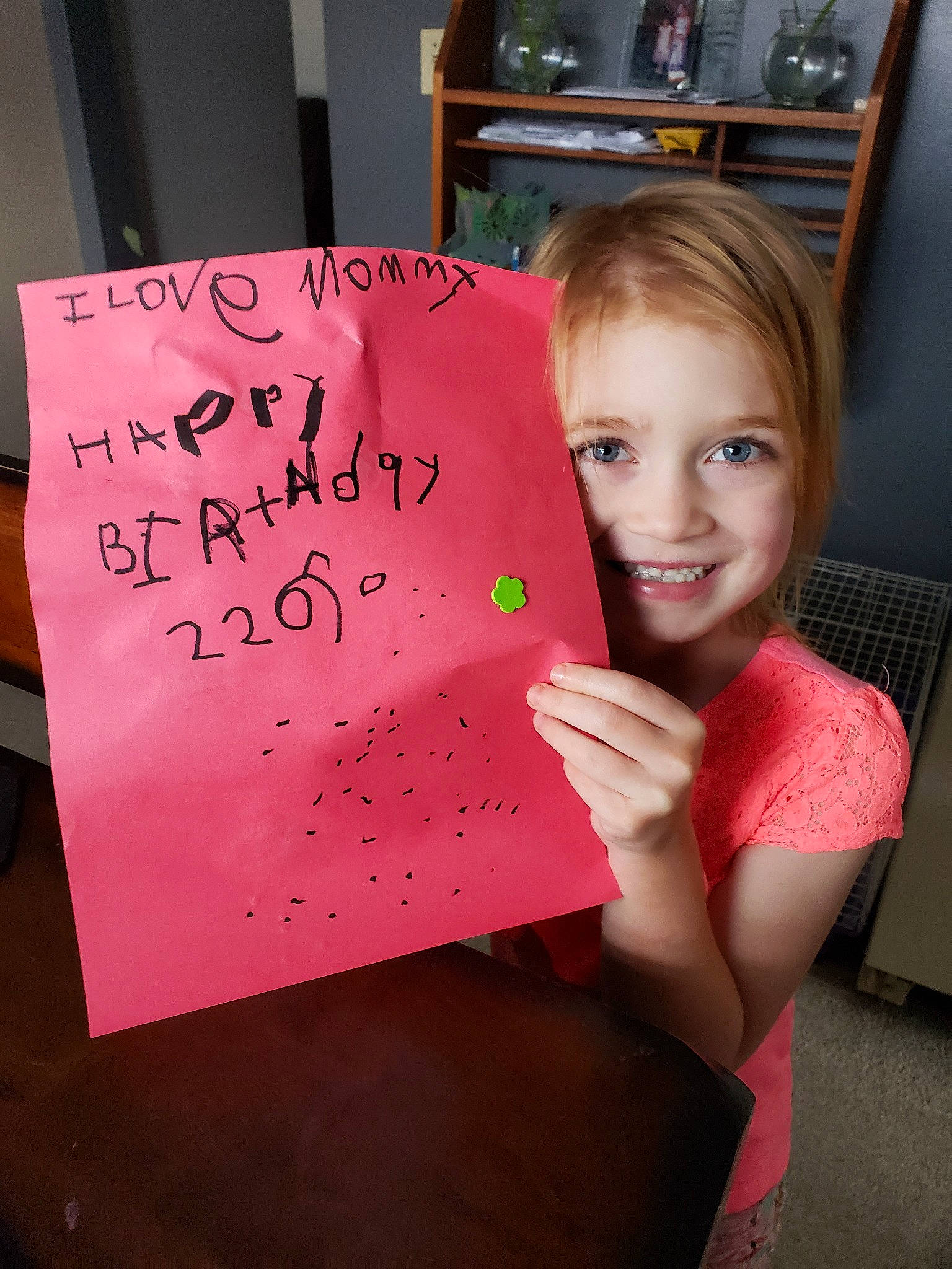 Joella is registered to the contest to win money with this photo: art, child, handwriting, joy, person, pink, t_shirt