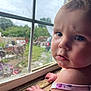 Jazmine is registered to the contest to win money with this photo: baby, child, window, hand, face, curious, indoor, wood, glass, rain, outdoor_view, greenery, skin, expression, closeup, natural_light, infant, portrait, sleeveless_clothing, weathered