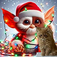 Grabouillon a rejoint le concours — aidez-le/la à gagner de superbes lots ! christmas_lights, santa_hat, digital_art, fantasy_creature, large_eyes, fluffy_kitten, brown_cat, holiday_theme, cute, festive, colorful_lights, soft_texture, animal, pet, toy_like, christmas, decorations, winter, holiday, cute_animal