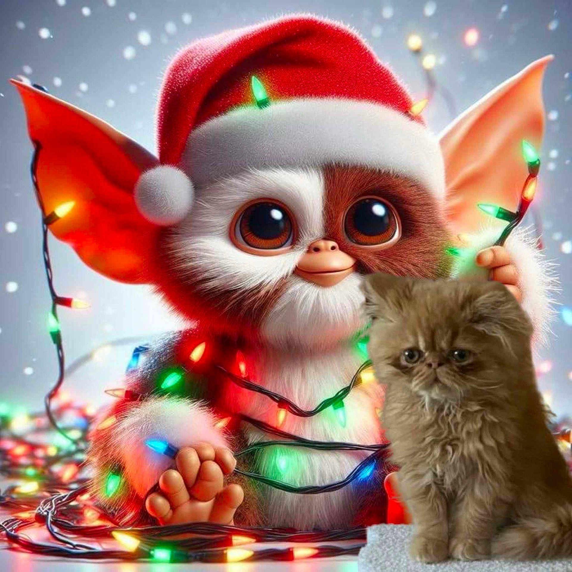 Grabouillon a rejoint le concours — aidez-le/la à gagner de superbes lots ! christmas_lights, santa_hat, digital_art, fantasy_creature, large_eyes, fluffy_kitten, brown_cat, holiday_theme, cute, festive, colorful_lights, soft_texture, animal, pet, toy_like, christmas, decorations, winter, holiday, cute_animal