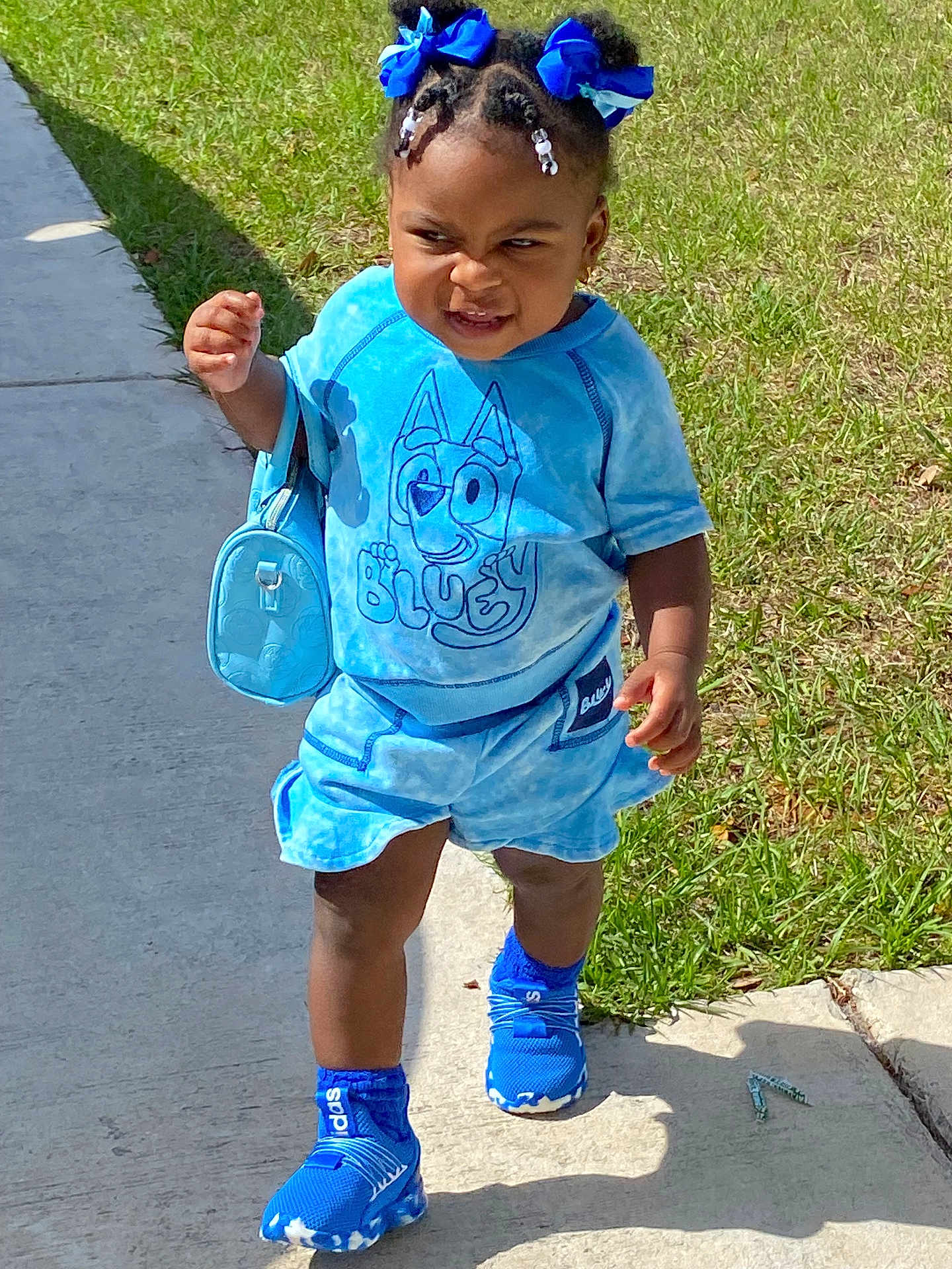 Dream is registered to the contest to win money with this photo: toddler, child, blue_outfit, blue_shoes, sidewalk, grass, hair_bows, handbag, determined_expression, sunlight, outdoor, shorts, tshirt, socks, walking, person, young_child, summer_clothing, beads, fashion