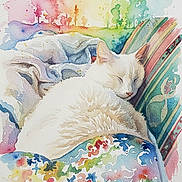 Princess is registered to the contest to win money with this photo: animal, art, blanket, cat, colorful, cozy, cushion, cute, decor, feline, illustration, painting, pastel, pattern, rainbow, relaxing, resting, sleeping, soft, watercolor