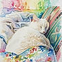 animal, art, blanket, cat, colorful, cozy, cushion, cute, decor, feline, illustration, painting, pastel, pattern, rainbow, relaxing, resting, sleeping, soft, watercolor