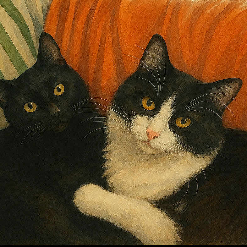 Bastet Et Isis participe au concours pour gagner de l'argent avec cette photo : animal, black_cat, cat, close_up, companionship, couch, cozy, cushion, eyes, feline, fur, indoor, orange_cushion, pets, portrait, relaxation, snuggling, striped_cushion, tuxedo_cat, whiskers