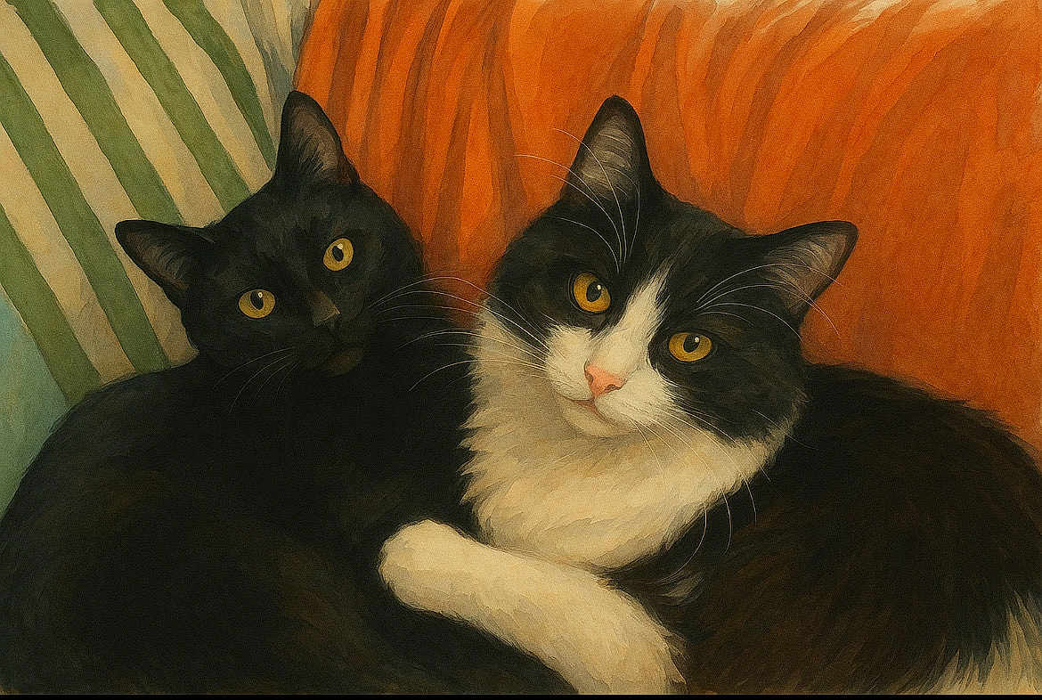 Bastet Et Isis participe au concours pour gagner de l'argent avec cette photo : cat, black_cat, tuxedo_cat, pets, animal, feline, couch, cushion, striped_cushion, orange_cushion, indoor, close_up, snuggling, fur, whiskers, eyes, portrait, cozy, companionship, relaxation