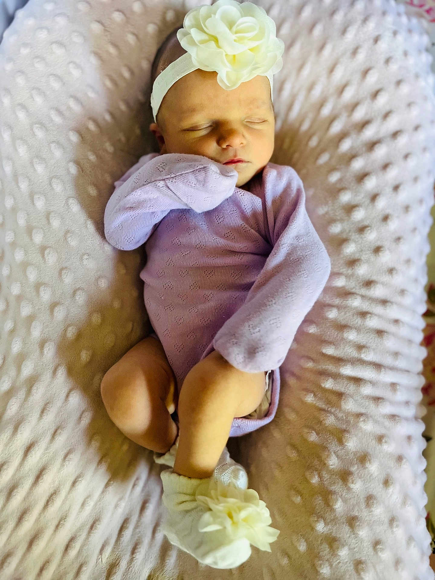 Novaleigh joined the competition — help win amazing prizes! newborn, baby, sleeping, headband, flower, onesie, purple_clothing, blanket, soft_texture, infant, cute, resting, cozy, indoors, closeup, small_feet, baby_mittens, peaceful, portrait, toddler