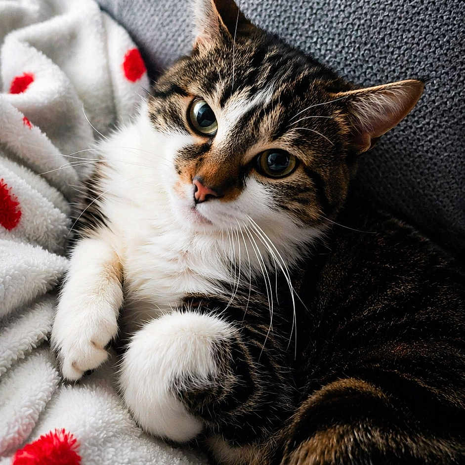 Lucifer participe au concours pour gagner de l'argent avec cette photo : cat, tabby, pet, animal, feline, cozy, blanket, pillow, indoor, resting, cute, whiskers, fur, relaxed, closeup, soft, red, white, gray, domestic