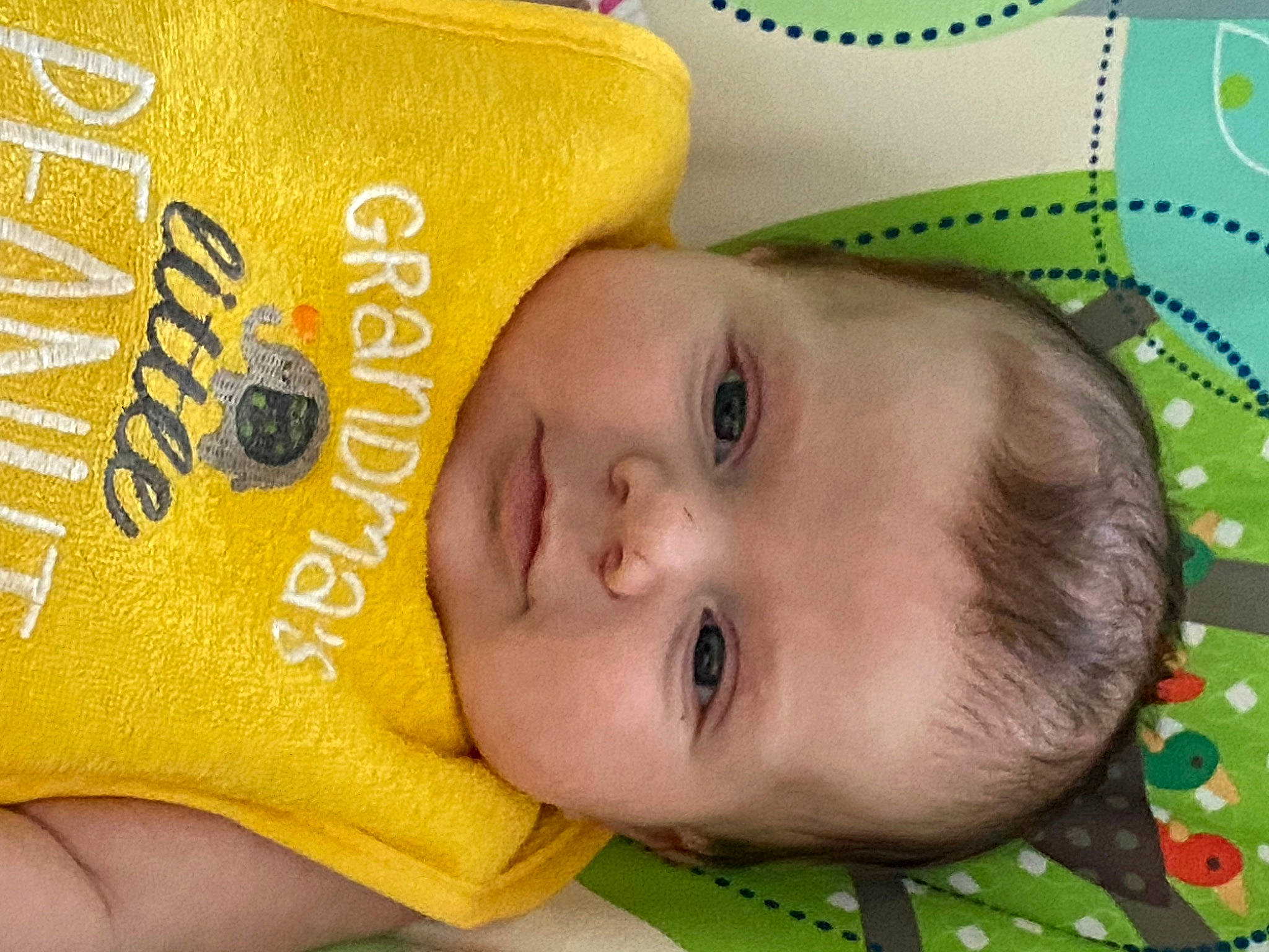 Freya is registered to the contest to win money with this photo: baby, baby_products, baby_safety, baby_toddler_clothing, beauty, cheek, child, eyelash, green, happy, head, linens, nose, pattern, person, product, skin, smile, textile, toddler