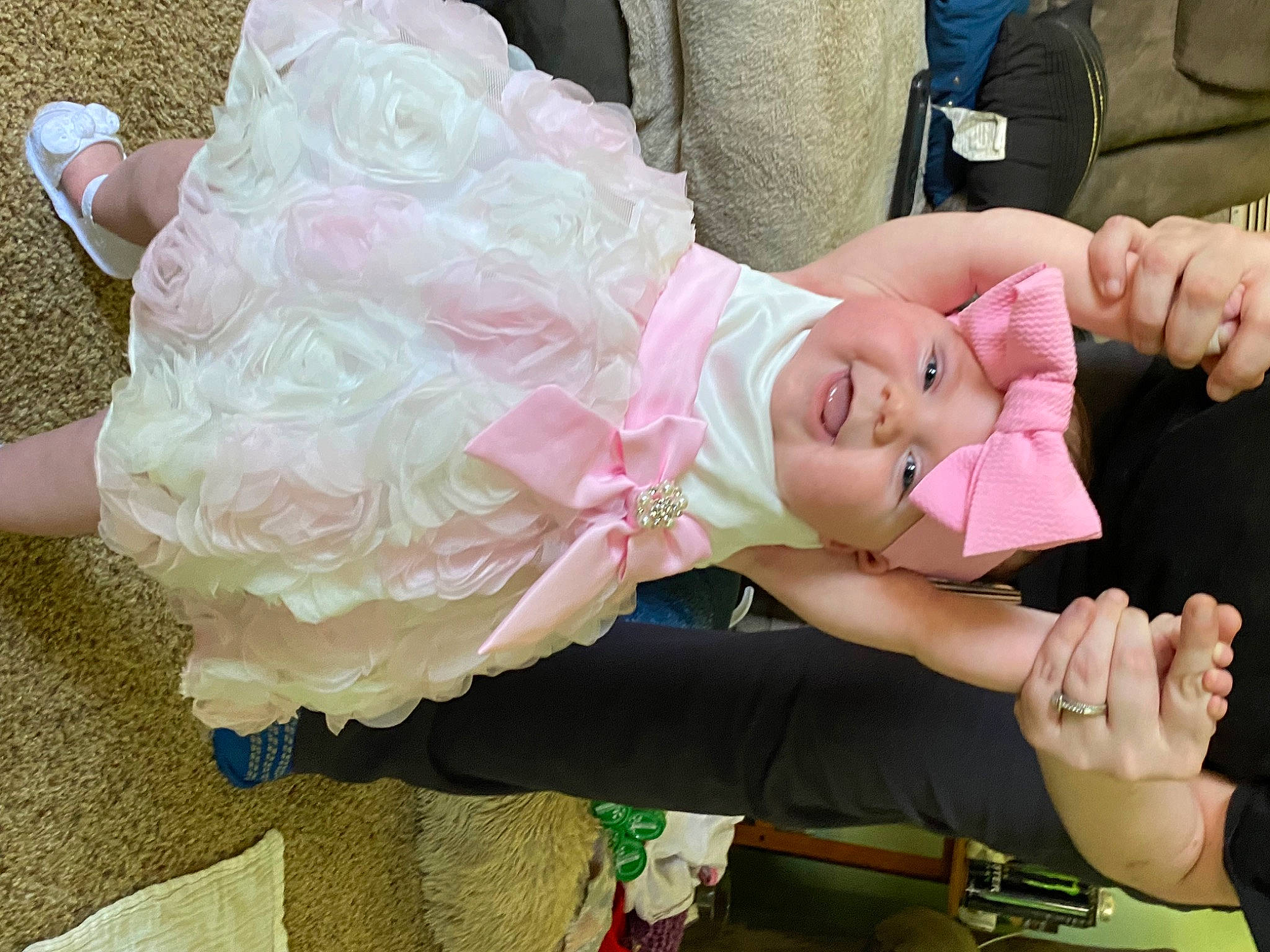 Freya joined the competition — help win amazing prizes! baby, bridal_accessory, child, comfort, dress, event, fashion_accessory, fun, gesture, happy, headpiece, headwear, human_leg, lap, magenta, peach, person, pink, plant, sitting