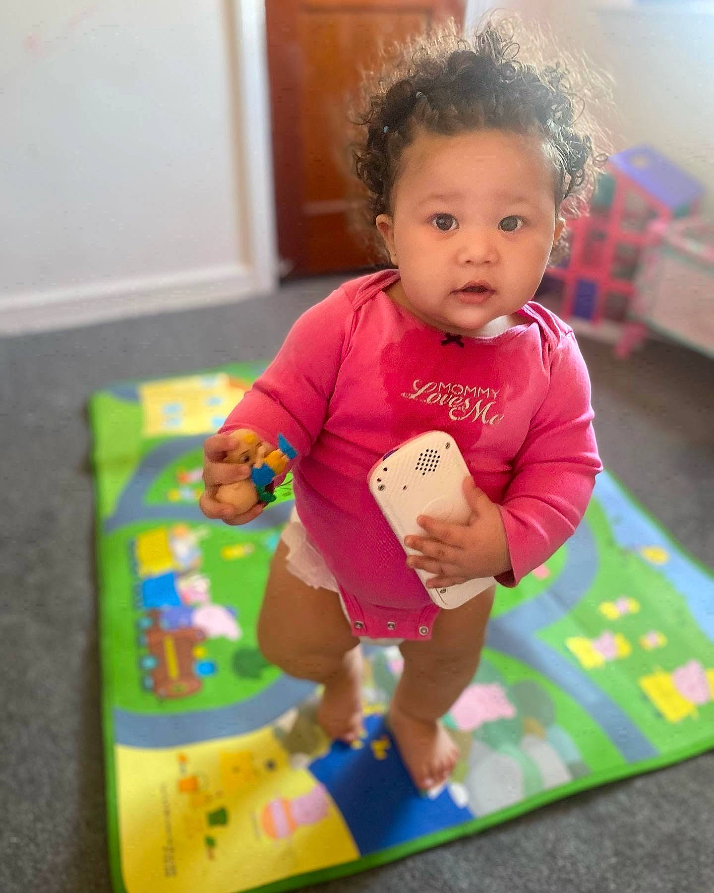Alyssa joined the competition — help win amazing prizes! baby, baby_playing_with_toys, baby_products, baby_toddler_clothing, baby_toys, barefoot, child, flooring, fun, happy, leisure, magenta, person, pink, play, room, shorts, sitting, sleeve, t_shirt