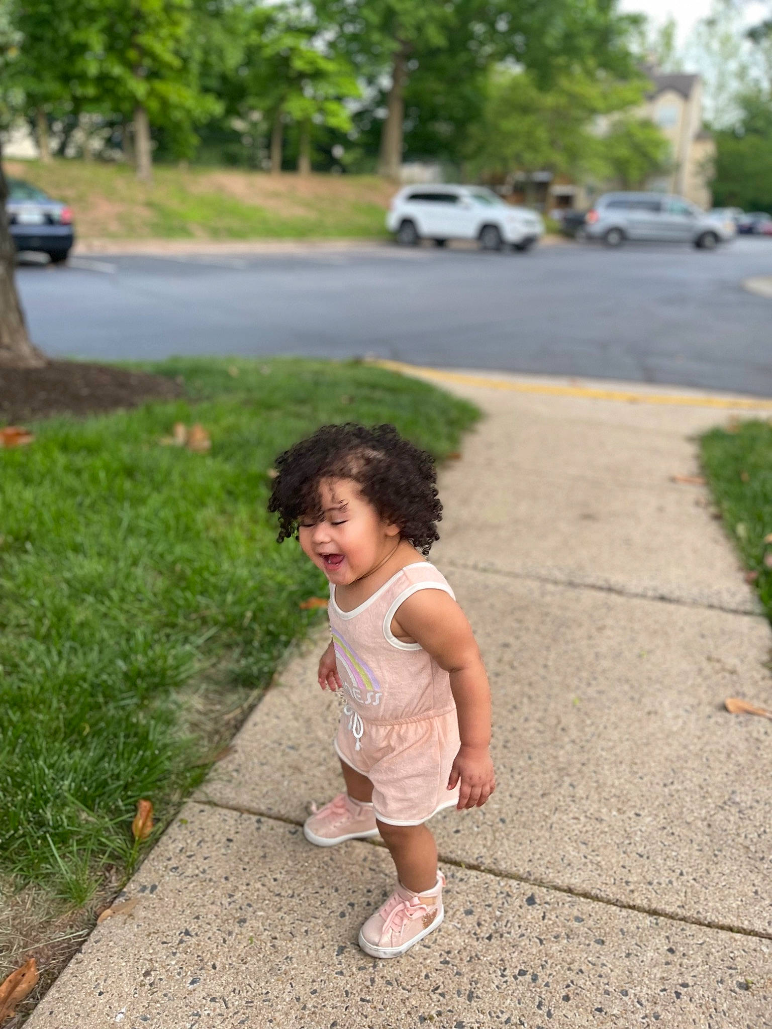Leya joined the competition — help win amazing prizes! asphalt, car, dress, grass, happy, infrastructure, leisure, morning, person, plant, public_space, road, road_surface, shorts, sidewalk, summer, tire, toddler, tree, vehicle