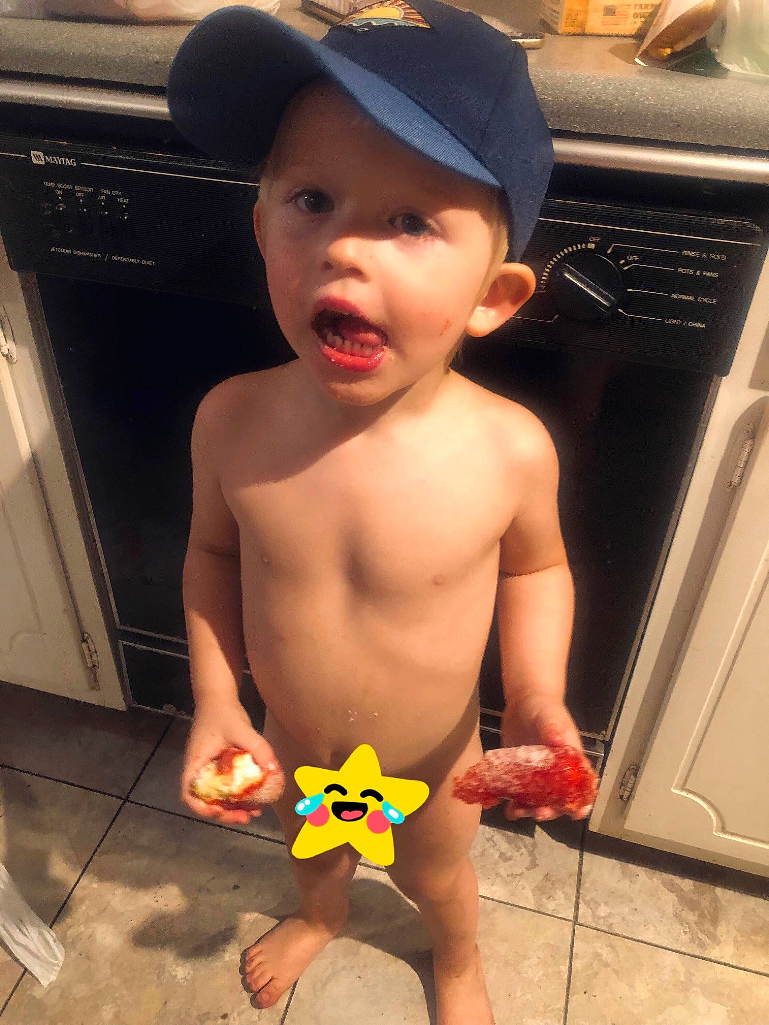 Ryland joined the competition — help win amazing prizes! barechested, baseball_cap, cap, chest, child, computer_keyboard, cool, face, finger, flooring, happy, head, headwear, human_body, muscle, person, photograph, snapshot, surprise, thumb