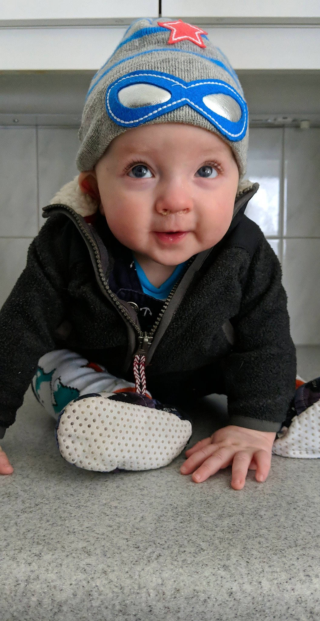 Stiles joined the competition — help win amazing prizes! baby, cap, child, crochet, glasses, head, headgear, headwear, pattern, person, personal_protective_equipment, toddler