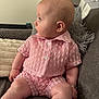 baby, bracelet, buttoned_shirt, child, chubby, couch, cushion, cute, face, head, human, indoor, infant, pink_clothing, portrait, short_sleeves, sitting, skin, sofa, soft_texture