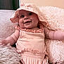 Tahleah joined the competition — help win amazing prizes! adorable, baby, baby_girl, child, closeup, couch, cushion, cute, fluffy, happy, headwear, indoor, infant, pink_hat, plush, portrait, relaxed, smiling, soft_texture, striped_clothing