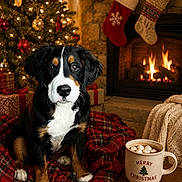 Maple is registered to the contest to win money with this photo: bernese_mountain_dog, blanket, christmas_tree, cozy, decorations, dog, festive, fireplace, gift_boxes, holiday, hot_chocolate, indoor, knitted_blanket, marshmallows, plaid, puppy, sitting, stockings, warm_lighting, wooden_table