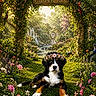 Maple is registered to the contest to win money with this photo: animal, archway, birds, colorful, decorative, dog, flower_crown, flowers, garden, grass, greenery, nature, outdoor, peaceful, portrait, scenic, serene, sunlight, vibrant, waterfall