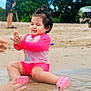 Sofia joined the competition — help win amazing prizes! toddler, child, water, beach, sand, splash_gear, pink_clothing, happy, clapping, playing, outdoor, nature, person, young_child, fun, summer, feet_in_water, blurred_background, greenery, casual