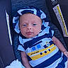 baby, infant, child, portrait, car_seat, indoors, vehicle, sailor_outfit, striped_clothing, blue_clothing, yellow_clothing, hat, tongue_out, wide_eyes, sitting, blanket, cozy, close_up, face, safe