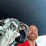Otto joined the competition — help win amazing prizes! man, dog, great_dane, car, selfie, smiling, pet, canine, portrait, indoors, seat, collar, beard, red_shirt, window, sky, happy, ears, closeup, leash
