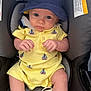 Sunnie joined the competition — help win amazing prizes! baby, infant, child, car_seat, hat, bucket_hat, yellow_romper, sailboat_pattern, clothing, hands, legs, face, eyes, cute, portrait, indoor, seat_belt, pacifier, comfort, close_up