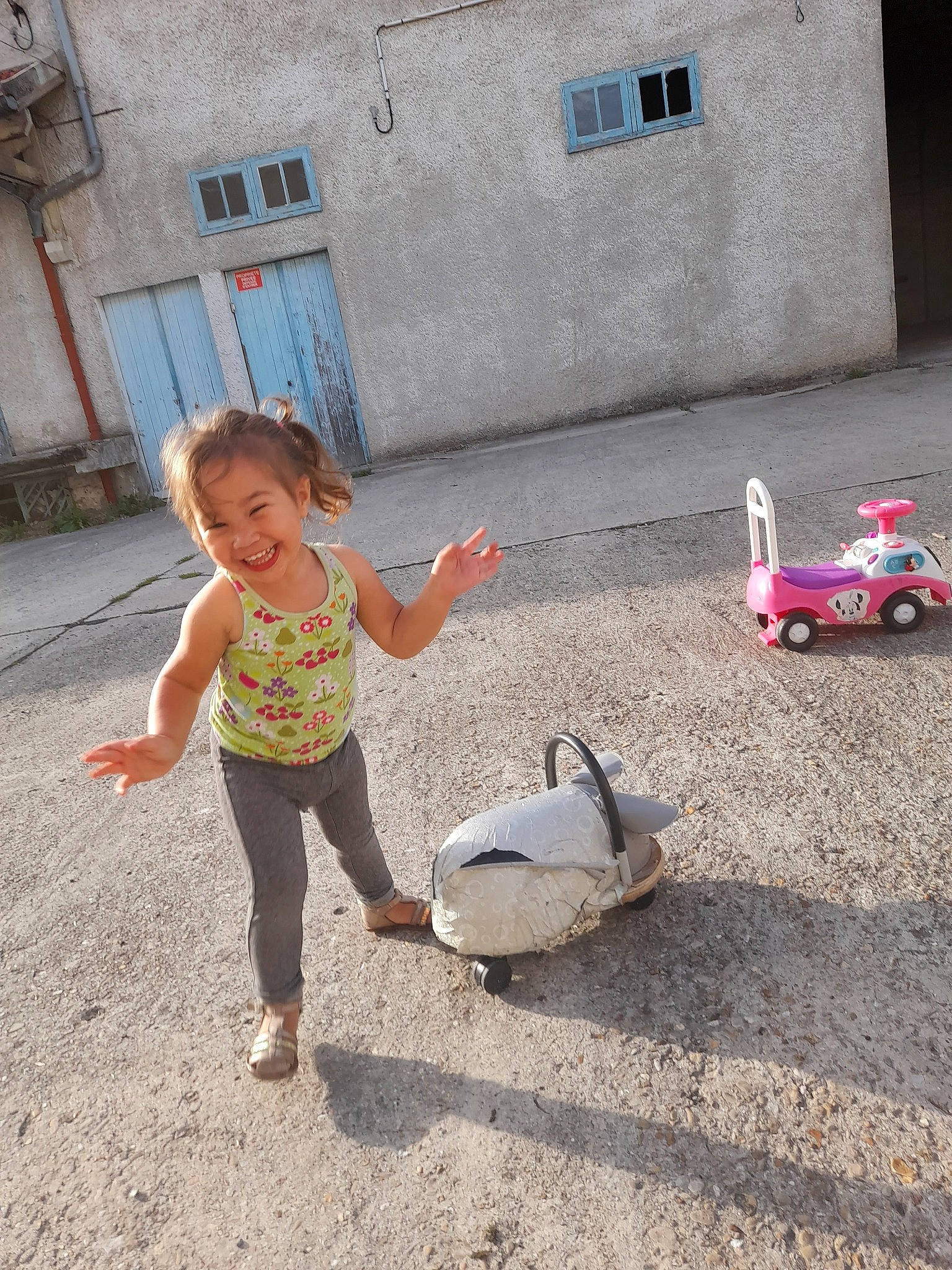 Julie participe au concours pour gagner de l'argent avec cette photo : asphalt, child, city, door, fun, grass, happy, joy, landscape, leisure, mammal, person, play, recreation, road_surface, soil, summer, tire, toddler, toy