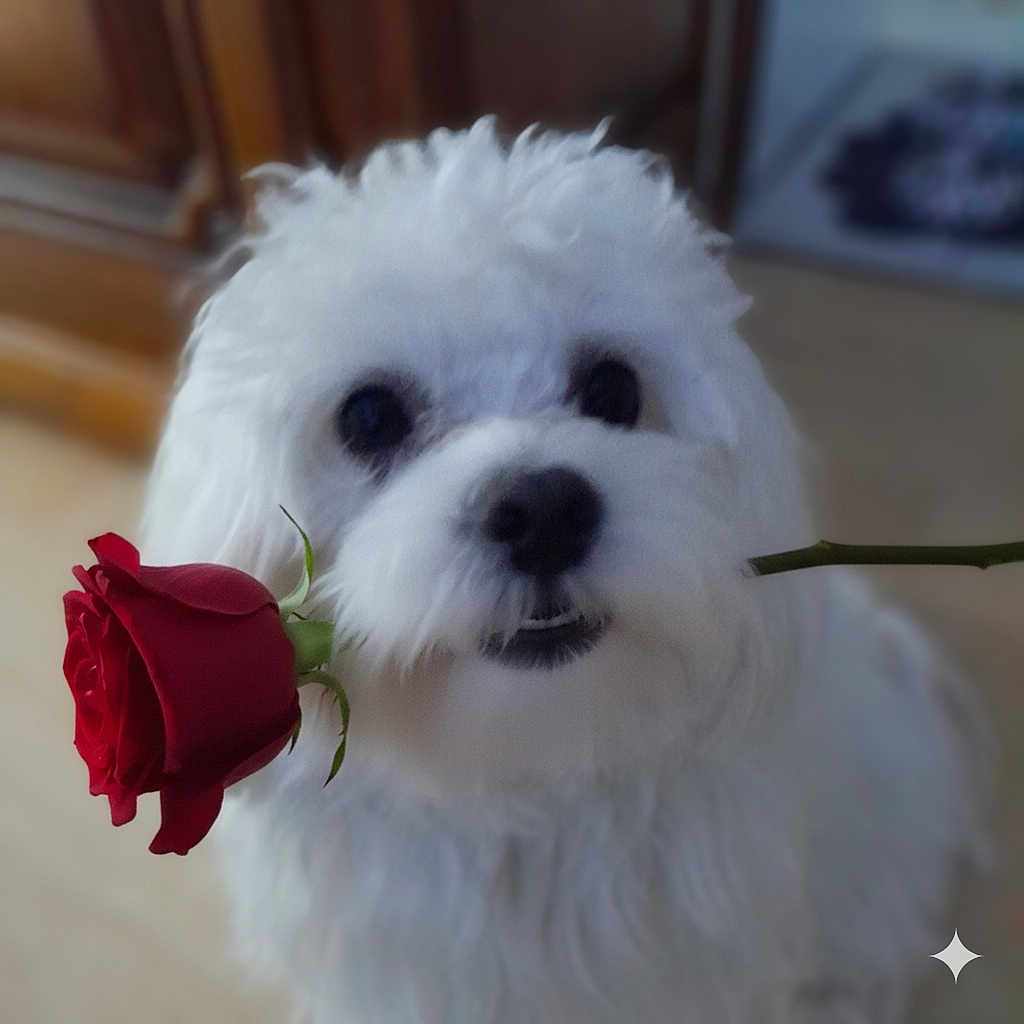 Gamin a rejoint le concours — aidez-le/la à gagner de superbes lots ! adorable, animal, closeup, cute, dog, flower, fluffy, fur, gift, indoor, love, mouth, nose, pet, portrait, romantic, rose, soft_focus, valentine, white_dog