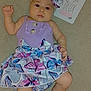 baby, infant, child, dress, headband, butterfly_pattern, purple, blue, pink, skin, face, hand, foot, lying_down, card, celebration, two_months, cute, indoors, blanket
